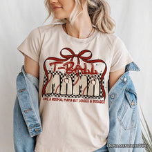 Load image into Gallery viewer, T-Ball Mama Coquette Red Bow T-Shirt, Retro White and Natural Tee for Proud Sports Moms
