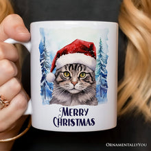 Carregar imagem no visualizador da galeria, Tabby Cat with Santa Hat Personalized Mug, Winter Forest Christmas Gift With Custom Name and Date