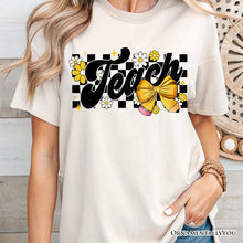 Load image into Gallery viewer, Teach Checkered Coquette Bow T-Shirt, White and Natural Retro Tee for Trendy Teachers