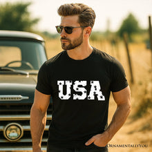 Load image into Gallery viewer, USA Block Letters T-Shirt, Vintage Patriotic Tee for Independence Day