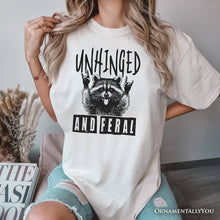 Load image into Gallery viewer, Unhinged and Feral Raccoon T-Shirt, Funny Rock Hands White and Natural Tee for Wild People