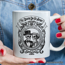 Load image into Gallery viewer, Vintage Skeleton Lovers Til' Death Do us Apart, Personalized Mug, Classic Antique Halloween Gift for Couples