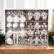 Carregar imagem no visualizador da galeria, Winter Woodlands Large White and Silver Ornament Set of 90, Glittery Snow Owls, Cones, Snowflakes, and Stalactites
