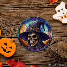 Carregar imagem no visualizador da galeria, Witchy Grin Skull with Hat and Scarf Stained Glass Style Ceramic Ornament, Halloween Themed Christmas Gift and Decor