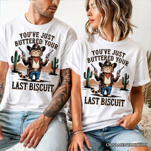 Load image into Gallery viewer, You've Just Buttered Your Last Biscuit T-Shirt, Cute Cowboy Cat Western Retro White and Natural Tee for Country Style Lovers