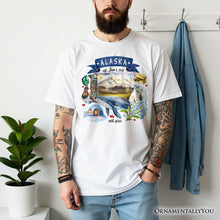 Load image into Gallery viewer, Artistic Alaska State Themes and Landmarks T-Shirt, Tee for History and Travel Lovers