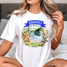 Load image into Gallery viewer, Artistic Arkansas State Themes and Landmarks T-Shirt, Tee for History and Travel Lovers