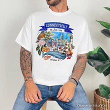 Load image into Gallery viewer, Artistic Connecticut State Themes and Landmarks T-Shirt, Tee for History and Travel Lovers