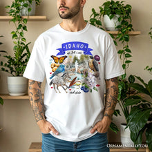 Load image into Gallery viewer, Artistic Idaho State Themes and Landmarks T-Shirt, Tee for History and Travel Lovers