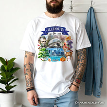 Load image into Gallery viewer, Artistic Illinois State Themes and Landmarks T-Shirt, Tee for History and Travel Lovers