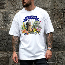 Load image into Gallery viewer, Artistic Iowa State Themes and Landmarks T-Shirt, Tee for History and Travel Lovers