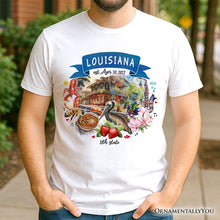 Load image into Gallery viewer, Artistic Louisiana State Themes and Landmarks T-Shirt, Tee for History and Travel Lovers