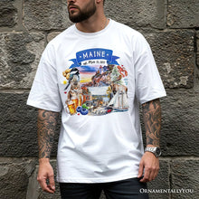 Load image into Gallery viewer, Artistic Maine State Themes and Landmarks T-Shirt, Tee for History and Travel Lovers