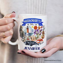 Load image into Gallery viewer, Artistic Massachusetts State Themes and Landmarks Personalized Mug With Custom Name