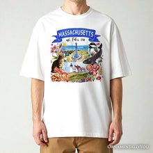 Carregar imagem no visualizador da galeria, Artistic Massachusetts State Themes and Landmarks T-Shirt, Tee for History and Travel Lovers