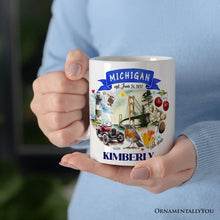 Load image into Gallery viewer, Artistic Michigan State Themes and Landmarks Personalized Mug With Custom Name