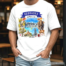Load image into Gallery viewer, Artistic Nebraska State Themes and Landmarks T-Shirt, Tee for History and Travel Lovers