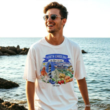 Load image into Gallery viewer, Artistic North Carolina State Themes and Landmarks T-Shirt, Tee for History and Travel Lovers