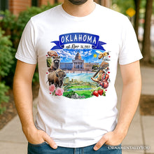 Load image into Gallery viewer, Artistic Oklahoma State Themes and Landmarks T-Shirt, Tee for History and Travel Lovers