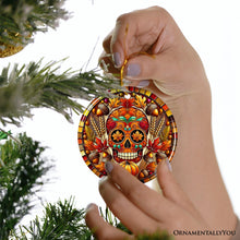 Carregar imagem no visualizador da galeria, Autumn Harvest Sugar Skull Ornament, Vibrant Fall Foliage Christmas Gift and Decor