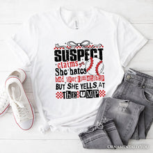 Load image into Gallery viewer, Baseball Suspect Claims Fun T-Shirt, Retro White and Natural Tee With Coquette Bow