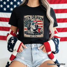 Load image into Gallery viewer, Ben Drankin Funny 4th of July T-Shirt, White, Navy and Black Patriotic Tee With Benjamin Franklin