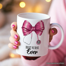 Load image into Gallery viewer, Best Nurse Coquette Pink Bow Personalized Mug, Pink Stethoscope, Gift for Nurse With Custom Name