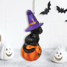 Load image into Gallery viewer, Black Cat on Pumpkin Spooky Glass Christmas Ornament, Witch Hat Halloween Theme