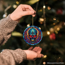 Load image into Gallery viewer, Bone-Chilling Spooky Skull Stained Glass Style Ceramic Ornament, Halloween Themed Christmas Gift and Decor
