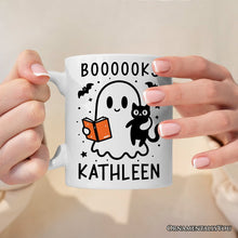Carregar imagem no visualizador da galeria, Boooooks and Purrs, Personalized Halloween Mug, Cute Books and Cats Lover Ghost Gift with Custom Name