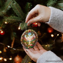 Cargar imagen en el visor de la galería, Castle Art with Lush Forest Stained Glass Style Ceramic Ornament, Christmas Gift and Decor