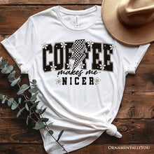 Cargar imagen en el visor de la galería, Coffee Makes Me Nicer Retro T-Shirt, Trendy White and Natural Tee for Stylish Women and Caffeine Lovers