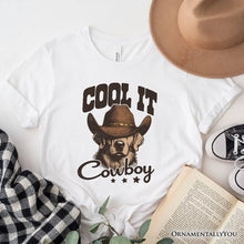 Load image into Gallery viewer, Cool It Cowboy T-Shirt With Western Dog, Retro Golden Retriever White and Natural Tee for Country Lover