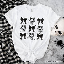 Cargar imagen en el visor de la galería, Coquette Skulls and Bows T-Shirt, Gothic Halloween Tee for Stylish Women