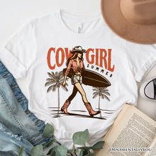 Load image into Gallery viewer, Cowgirl Summer Surf T-Shirt, Retro Western Beach White and Natural Tee for Free-Spirited Women