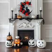 Load image into Gallery viewer, Crescent Moon Floral Black Cat Wreath, 20" Black and Orange Halloween Door Decoration