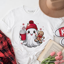 Cargar imagen en el visor de la galería, Cute Ghost Christmas T‑Shirt, Adorable Gingerbread and Cocoa Holiday Tee