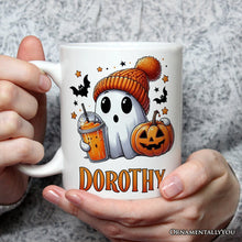 Carregar imagem no visualizador da galeria, Cute Ghost with Coffee Drink, Personalized Halloween Mug, Fun Boujee Gift with Custom Name
