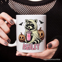 Cargar imagen en el visor de la galería, Cute Racoon Drinking Cup, Personalized Mug, Retro Halloween Gift with Custom Name