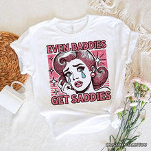 Carregar imagem no visualizador da galeria, Even Baddies Get Saddies T-Shirt, Retro Crying Girl Pop Art White Tee for Stylish and Emotional Women