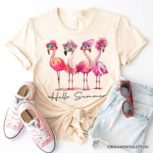 Carregar imagem no visualizador da galeria, Flamingo Hello Summer T-Shirt, White and Natural Retro Tee with Tropical Birds