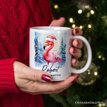 Carregar imagem no visualizador da galeria, Flamingo with Santa Hat Personalized Mug, Winter Forest Christmas Gift With Custom Name and Date