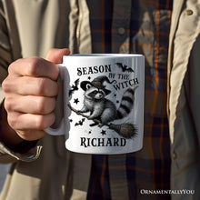 Carregar imagem no visualizador da galeria, Funny Racoon Witch with Broom Personalized Mug, Vintage Halloween Gift with Custom Name