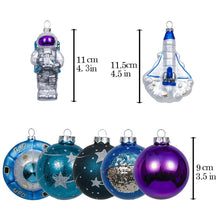 Carregar imagem no visualizador da galeria, Galactic Space Theme Glass Ornament Bundle, Purple Star Pattern Baubles, Astronaut, Spaceship, and UFO Decorations