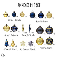 Carregar imagem no visualizador da galeria, Glam and Glittered Gold and Blue Elegant Christmas Ornament Set, 70 Assorted Balls, Trees, Snowflakes, and Royal Heart Pendants