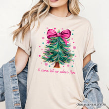 Load image into Gallery viewer, Glitter Christmas Tree Coquette Bow T‑Shirt, O Come Let Us Adore Him Holiday Tee