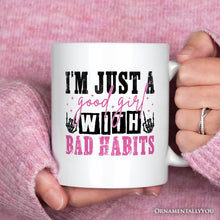 Carregar imagem no visualizador da galeria, Good Girl with Bad Habits Personalized Mug, Grunge Skeleton Hands Rebellious Gift With Custom Name