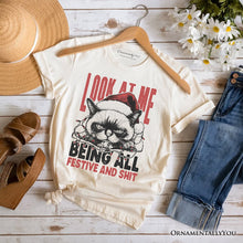 Carregar imagem no visualizador da galeria, Grumpy Christmas Cat T‑Shirt, Funny Santa Hat Holiday Lights Tee for Sarcastic Festive People