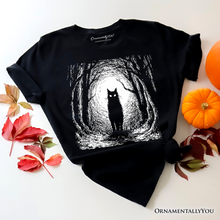 Carregar imagem no visualizador da galeria, Haunted Forest Black Cat T-Shirt, Spooky Halloween Night Tee