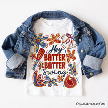 Carregar imagem no visualizador da galeria, Hey Batter Batter Swing T-Shirt, Retro White and Natural Baseball Tee with Floral Accents